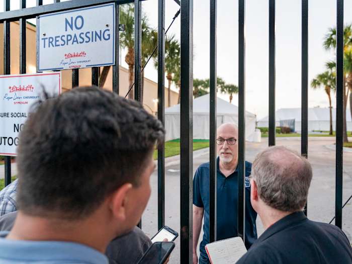 Feb 23, 2022; Jupiter, FL, USA; Major League Baseball Players Association chief negotiator Bruce Meyer talks to reporters about contract negotiations at Roger Dean Stadium in Jupiter, Florida.
